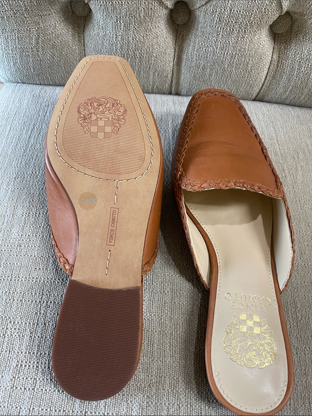 Vince Camuto NEW Cognac Braided Leather Slip-On Mules / Sz 7.5 - Picture 6 of 14